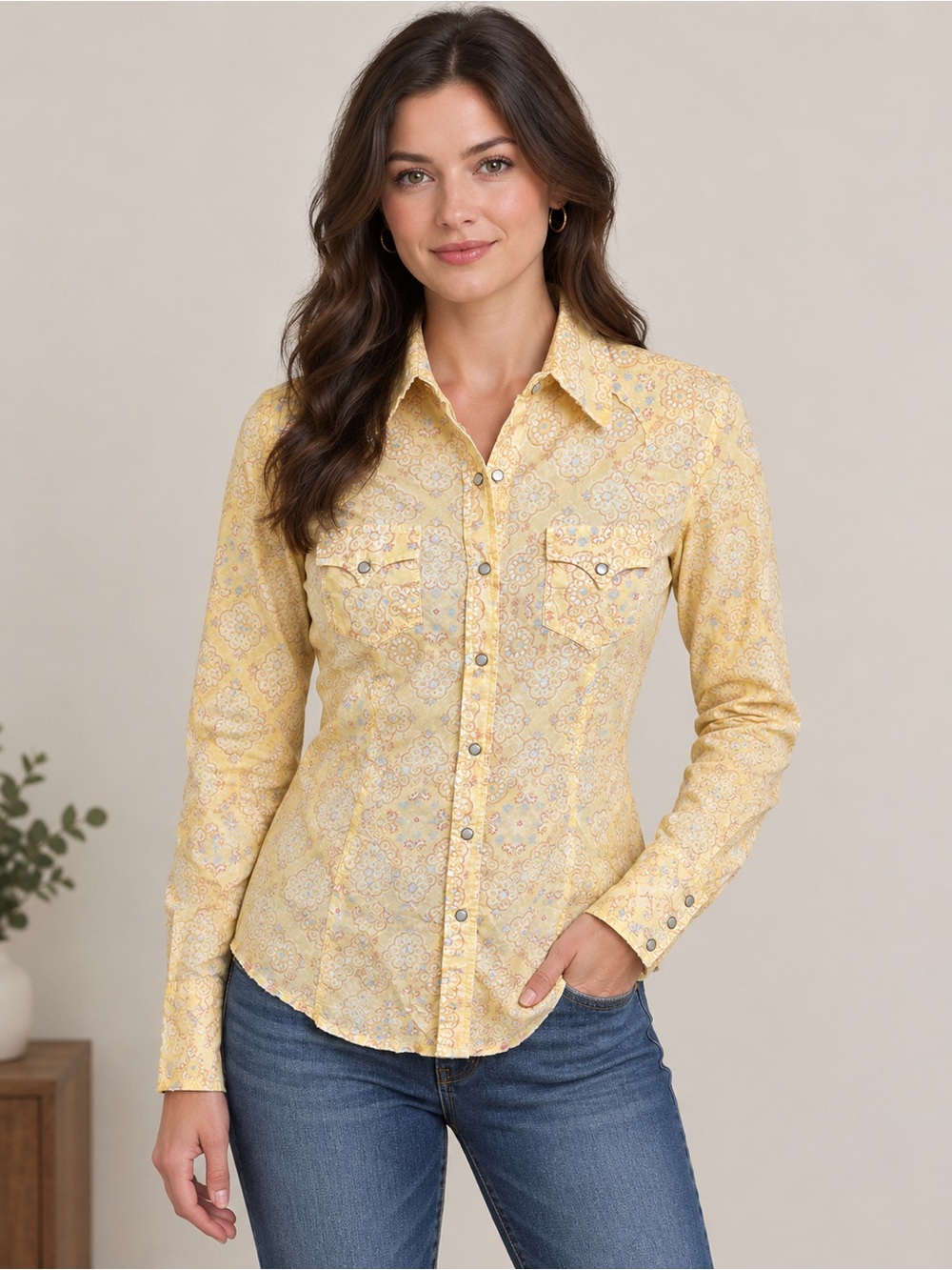 Cruel Girl Yellow Snap Button-Up Long Sleeve Western Shirt Women’s M